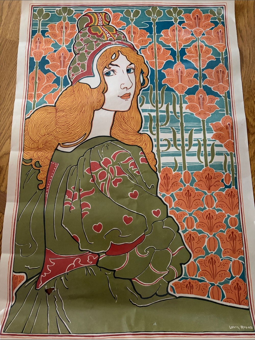 Art Nouveau Woman Print in Olive Green and Coral
